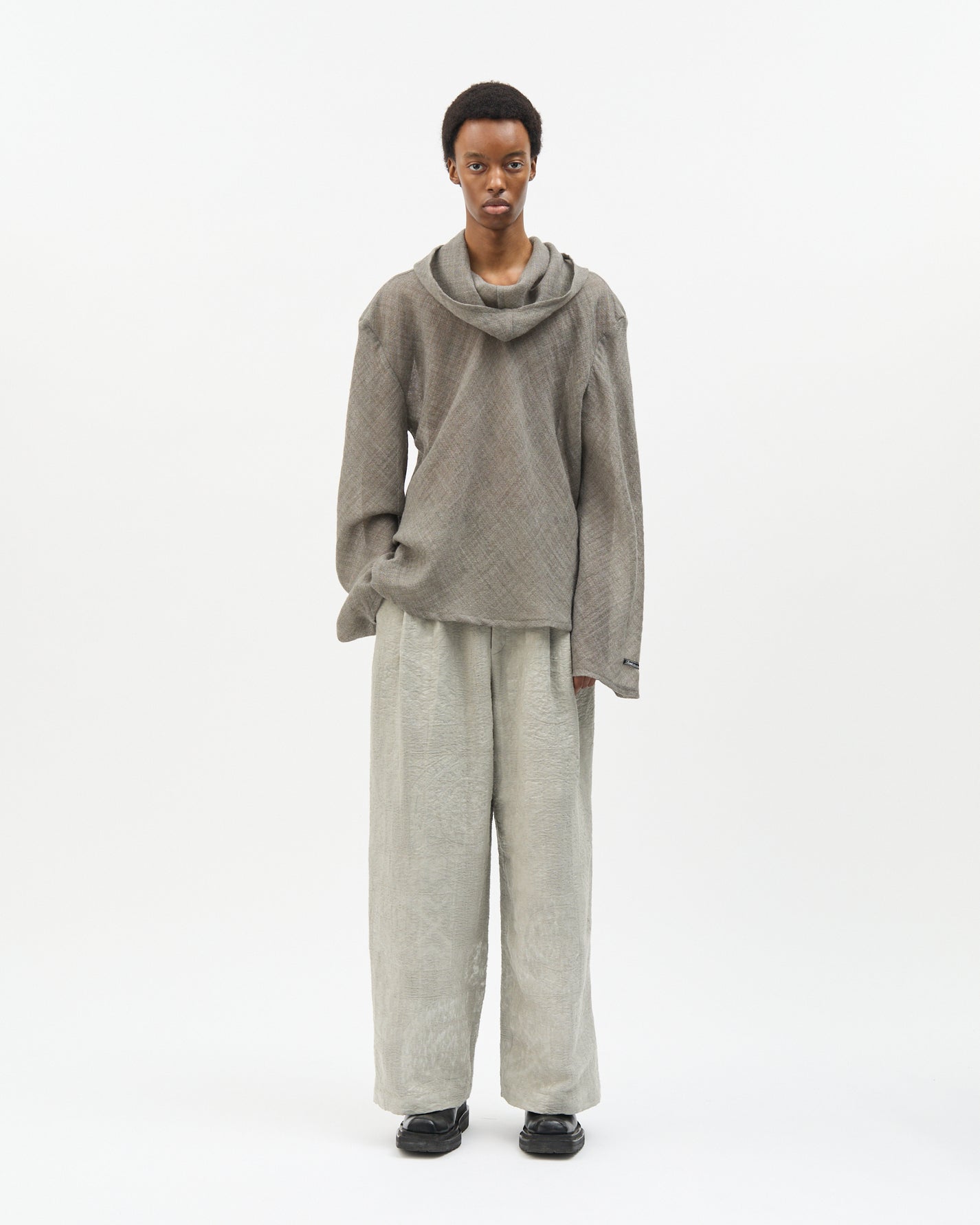 Grey Wool Bias-Cut Cowl Hoodie