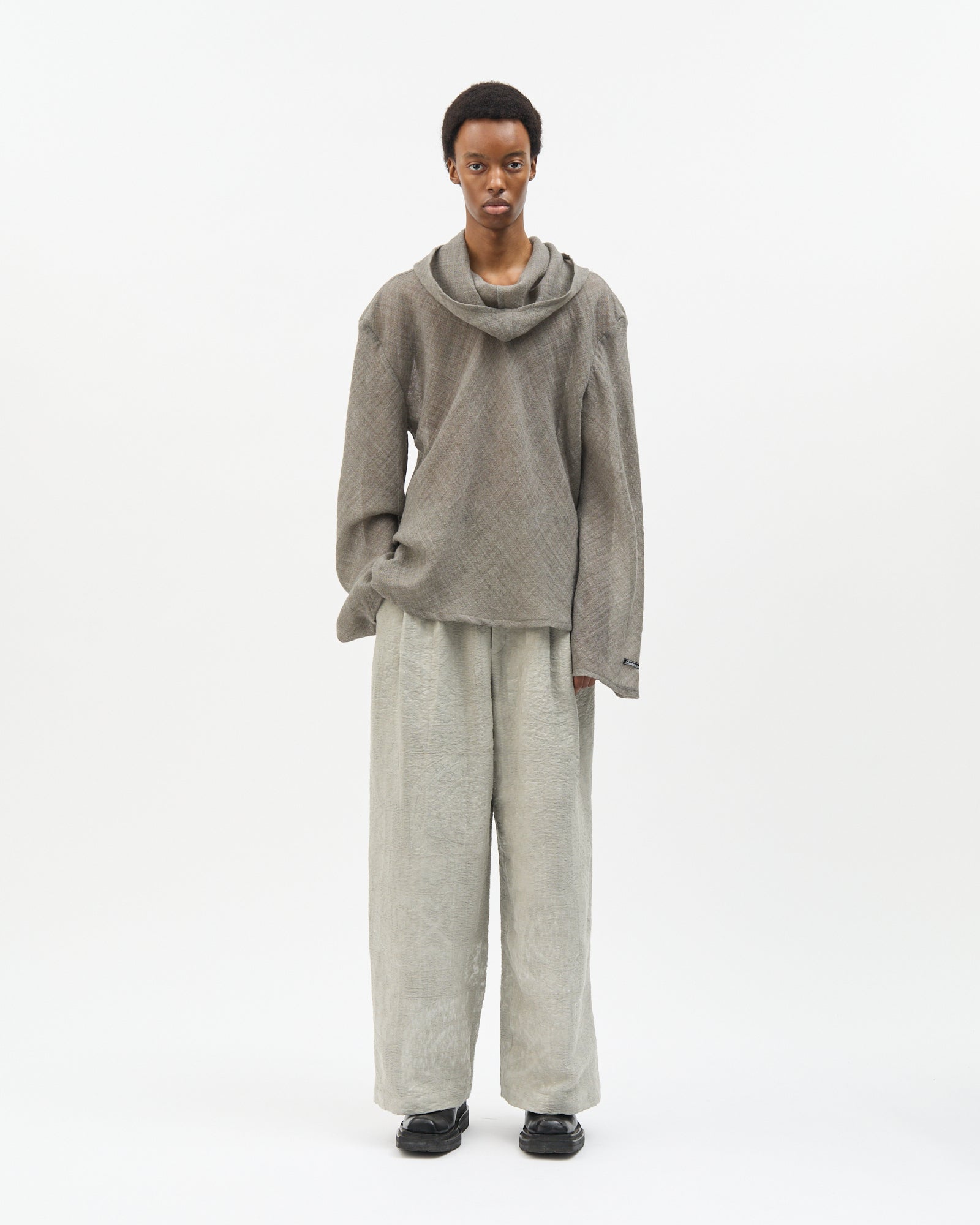 Grey Wool Bias-Cut Cowl Hoodie