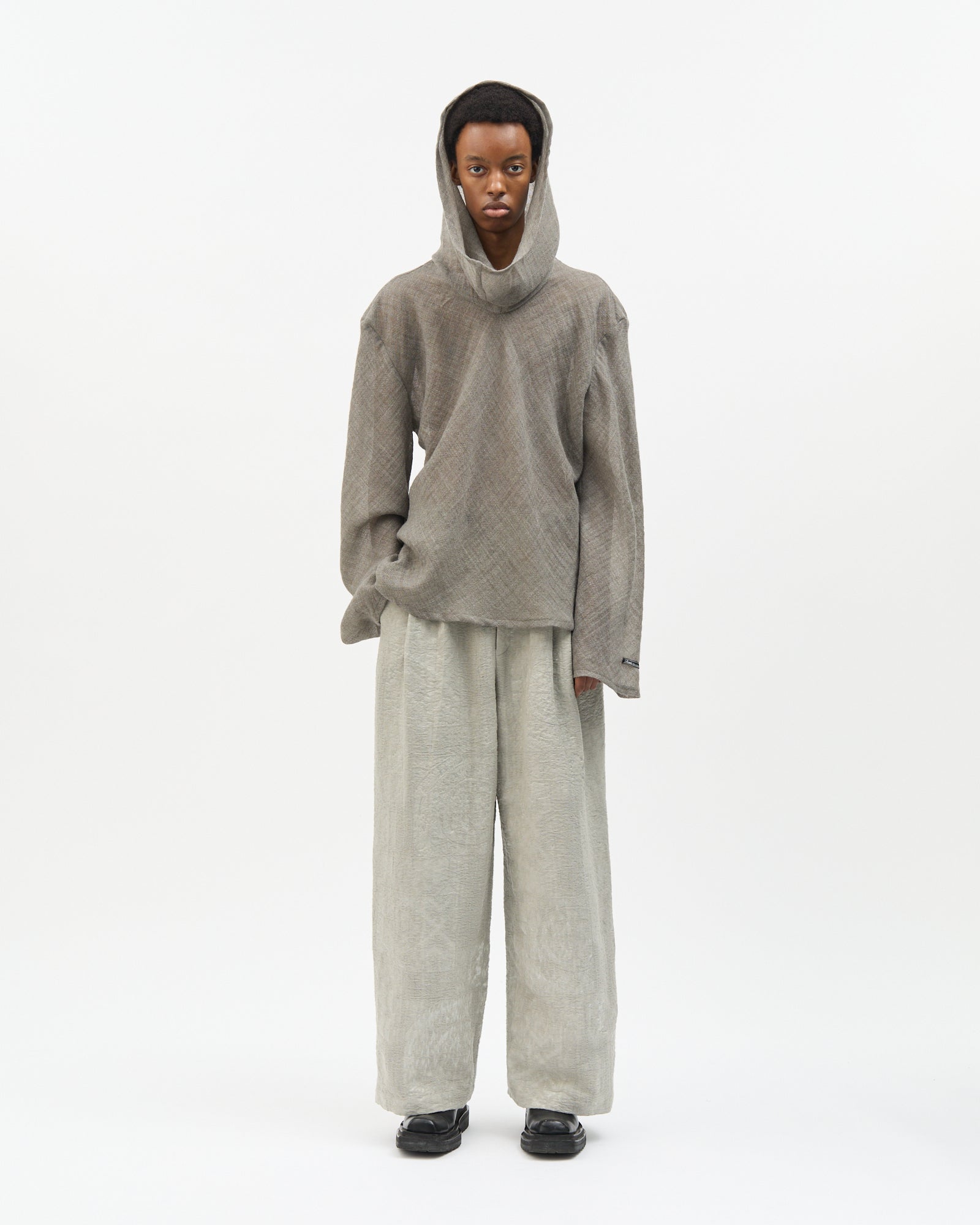 Grey Wool Bias-Cut Cowl Hoodie