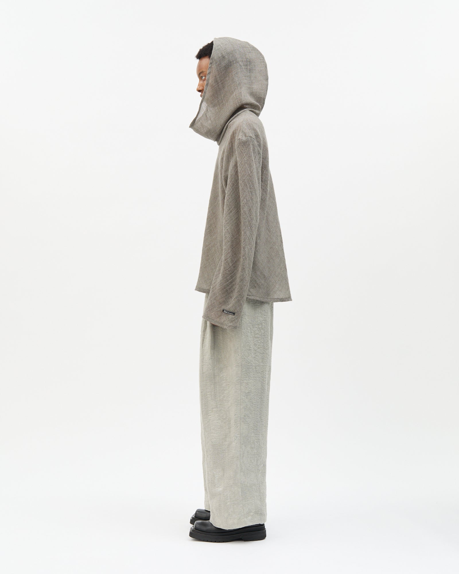Grey Wool Bias-Cut Cowl Hoodie