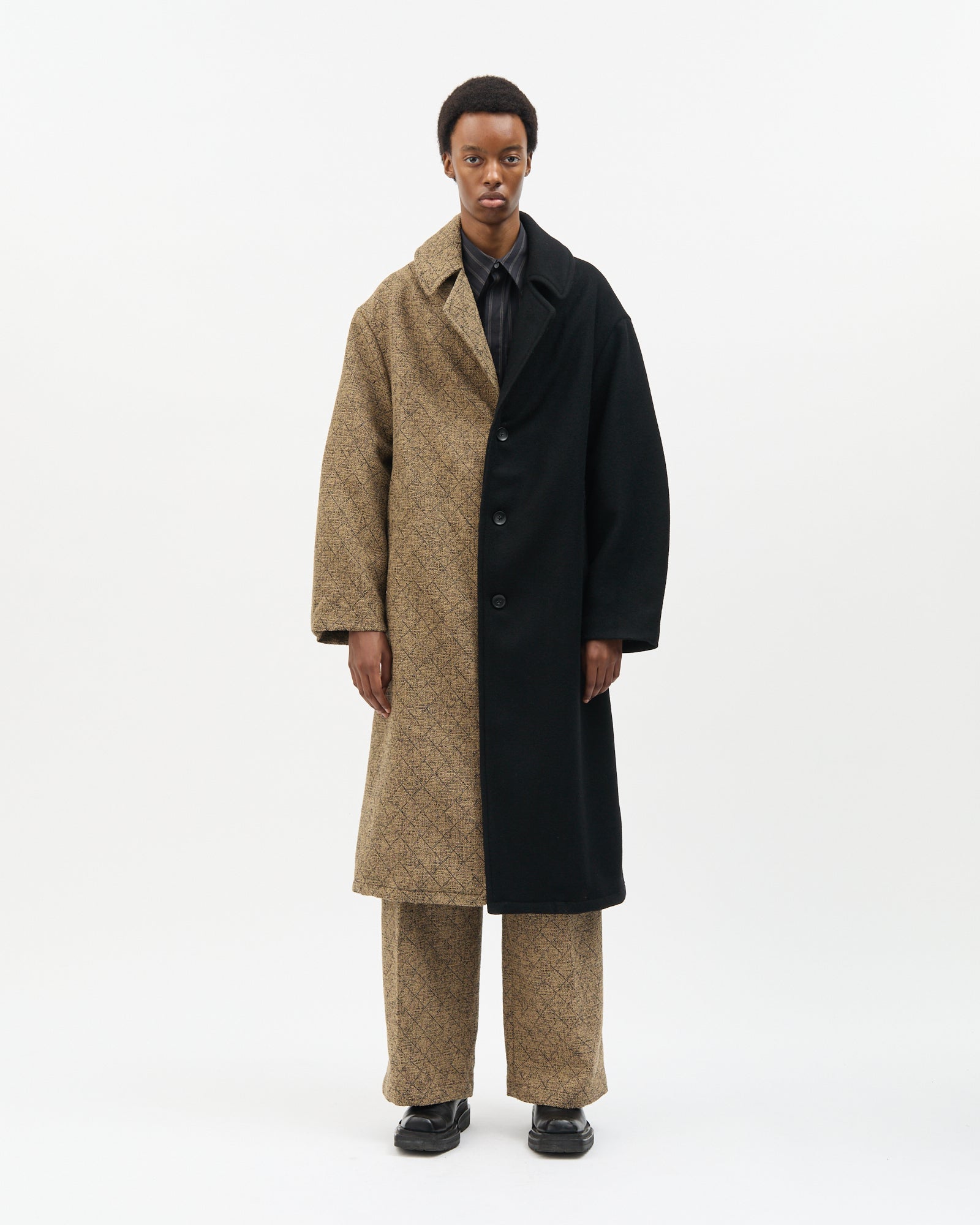 Khaki Diagonal Check Two-Tone Coat