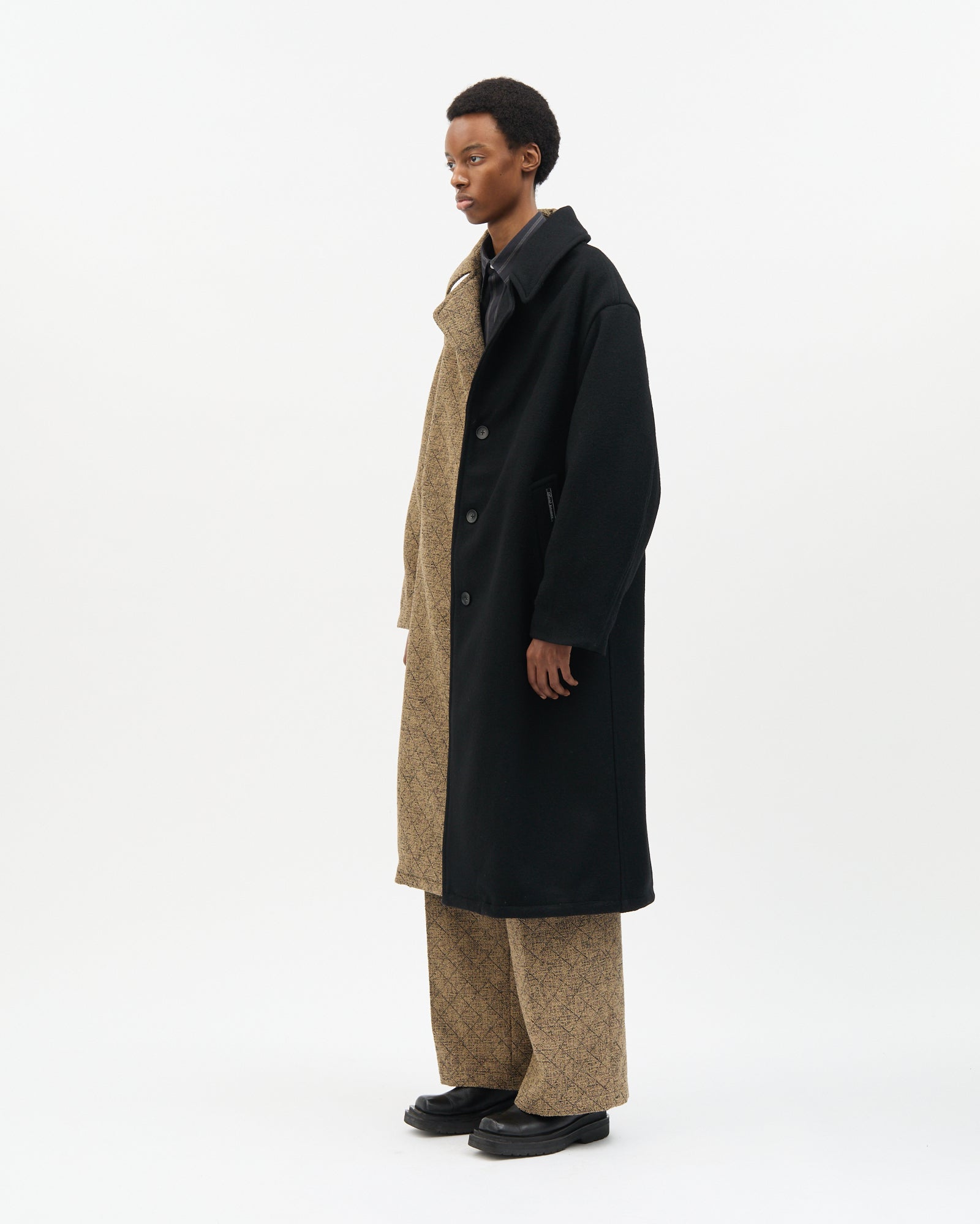 Khaki Diagonal Check Two-Tone Coat