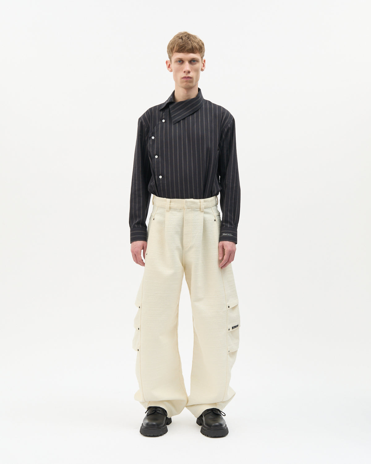 Ivory Jacquard Side-Pleated Pants