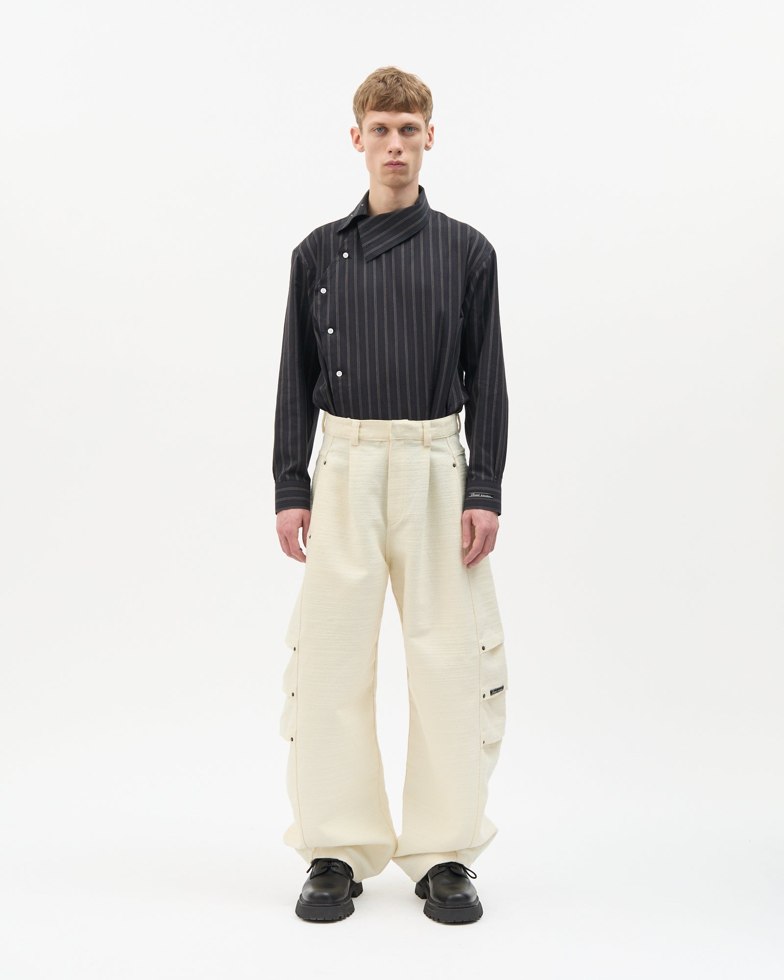 Ivory Jacquard Side-Pleated Pants