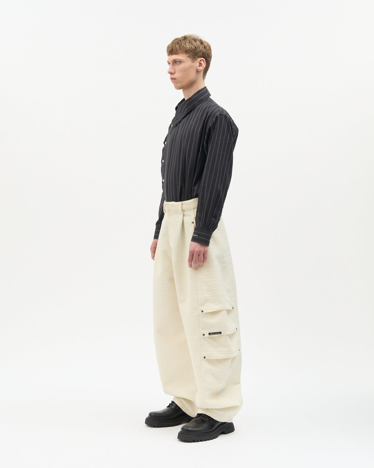 Ivory Jacquard Side-Pleated Pants