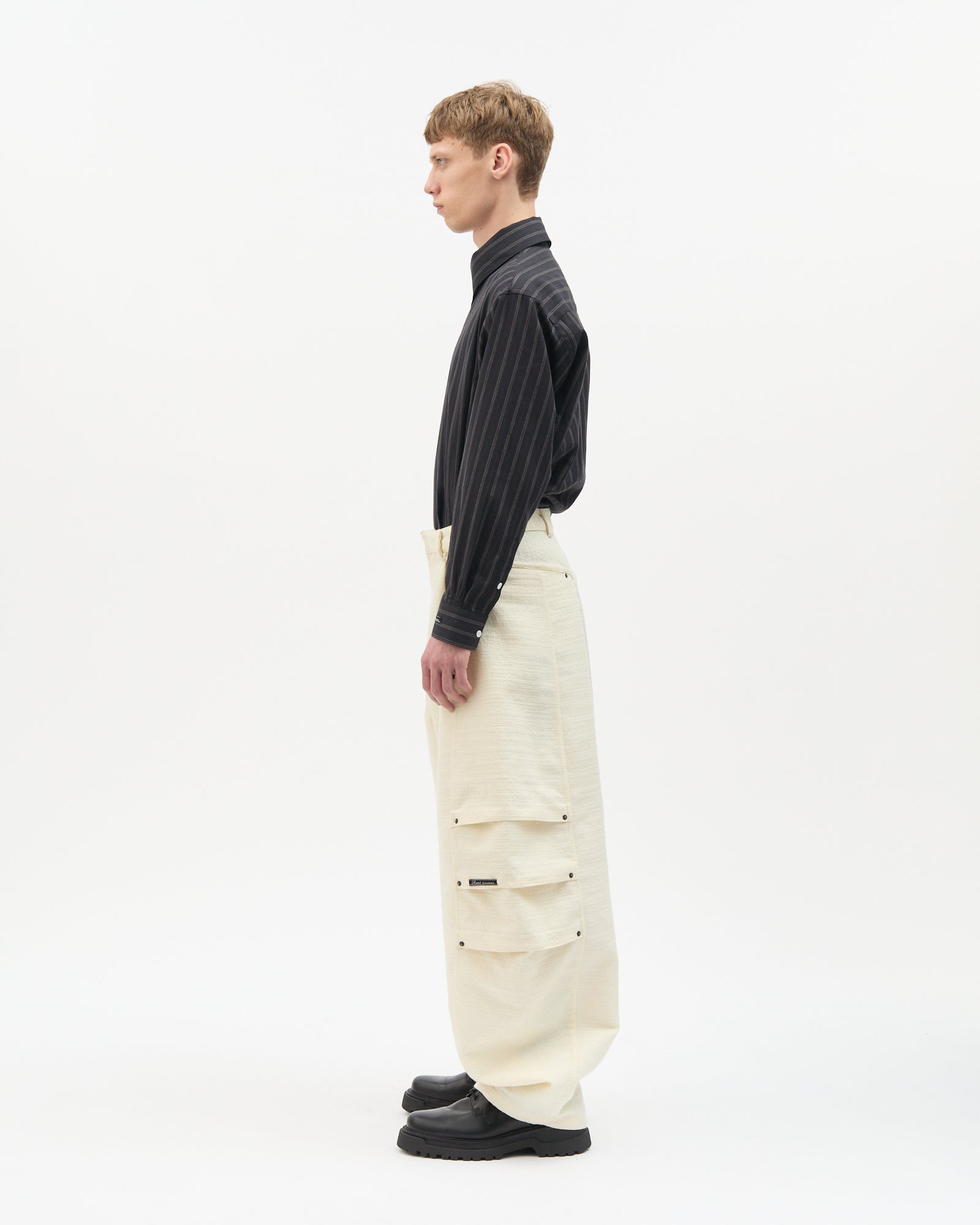 Ivory Jacquard Side-Pleated Pants