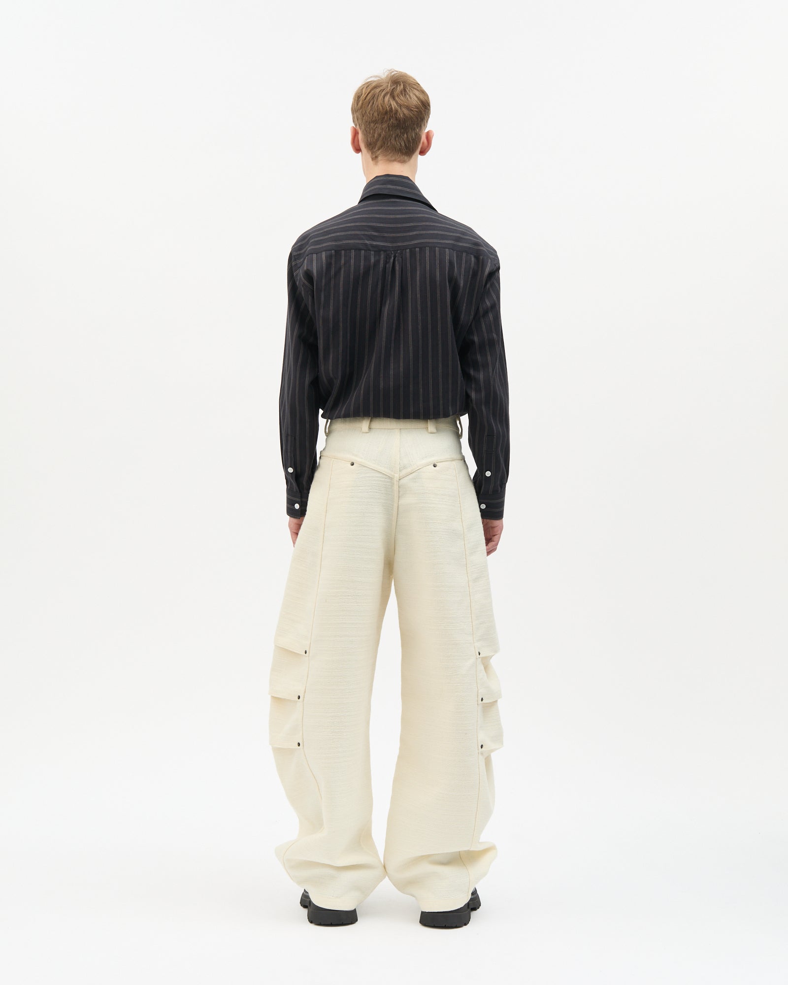Ivory Jacquard Side-Pleated Pants