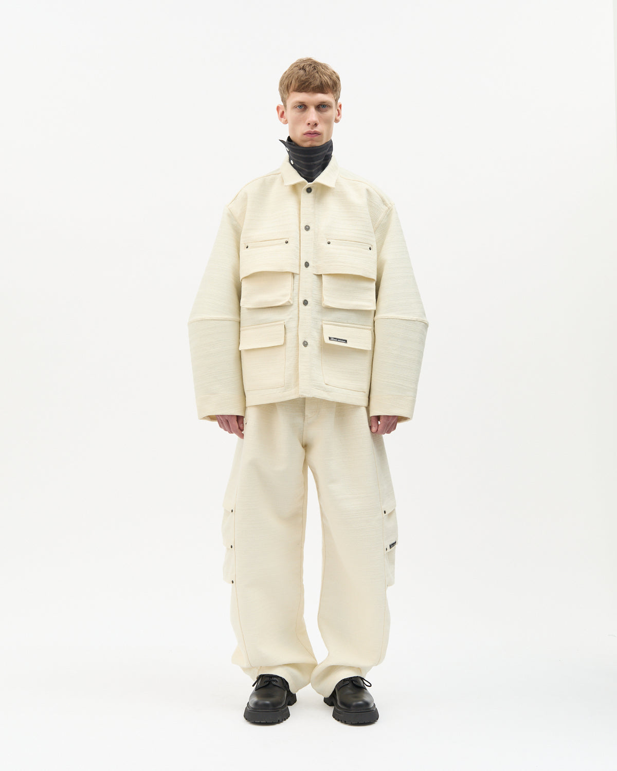 Ivory Jacquard Wool Cargo Jacket