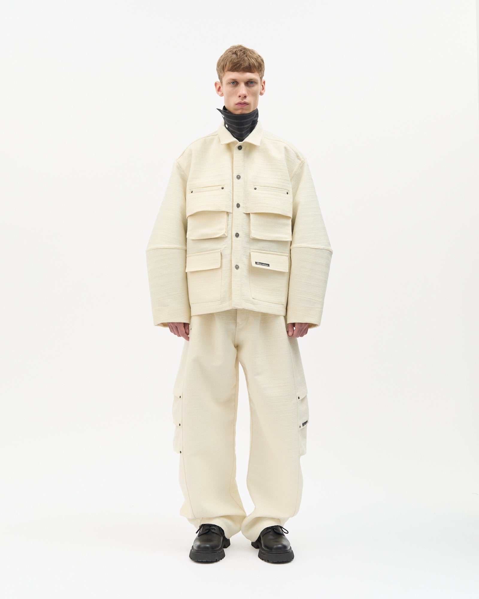 Ivory Jacquard Wool Cargo Jacket