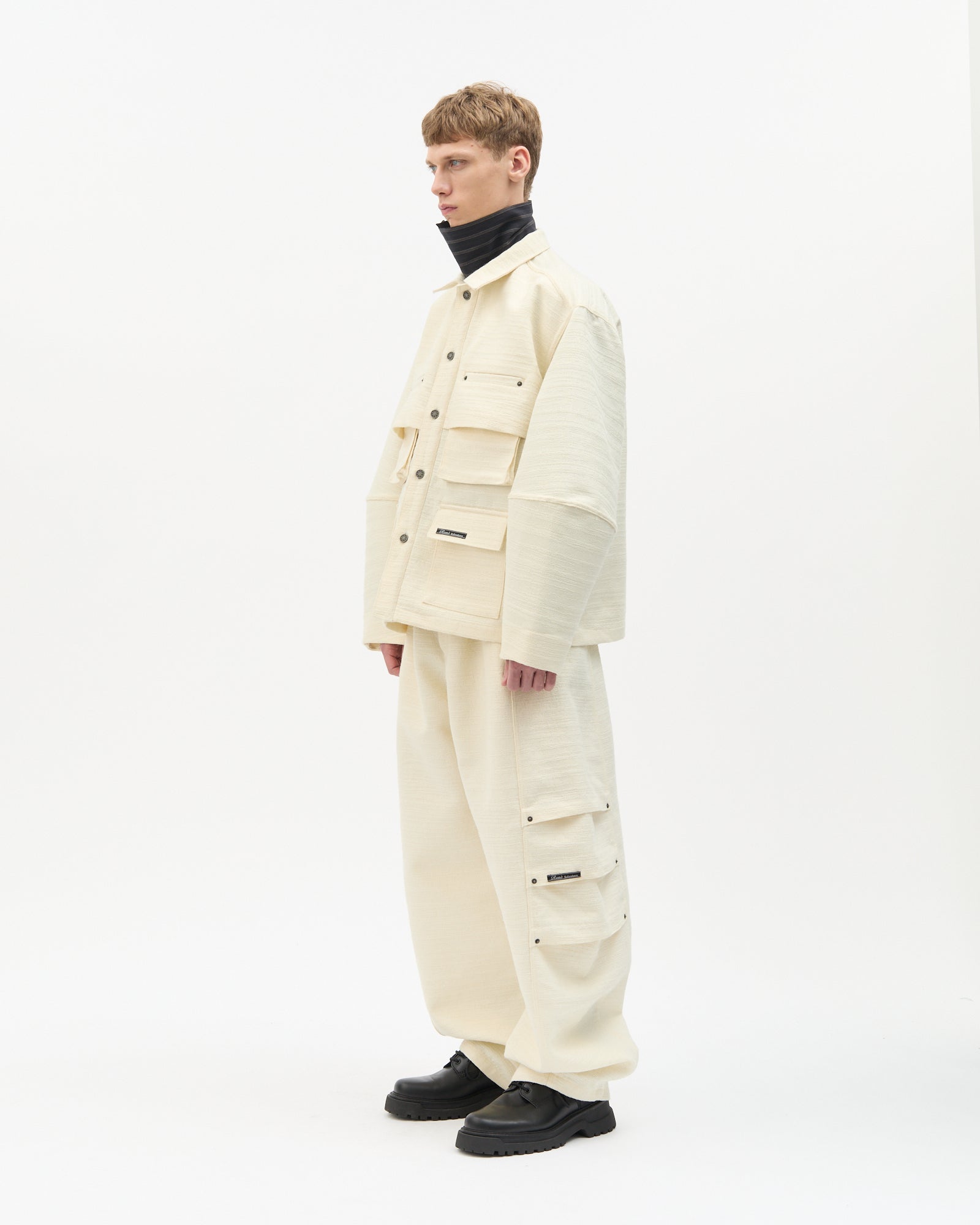 Ivory Jacquard Wool Cargo Jacket