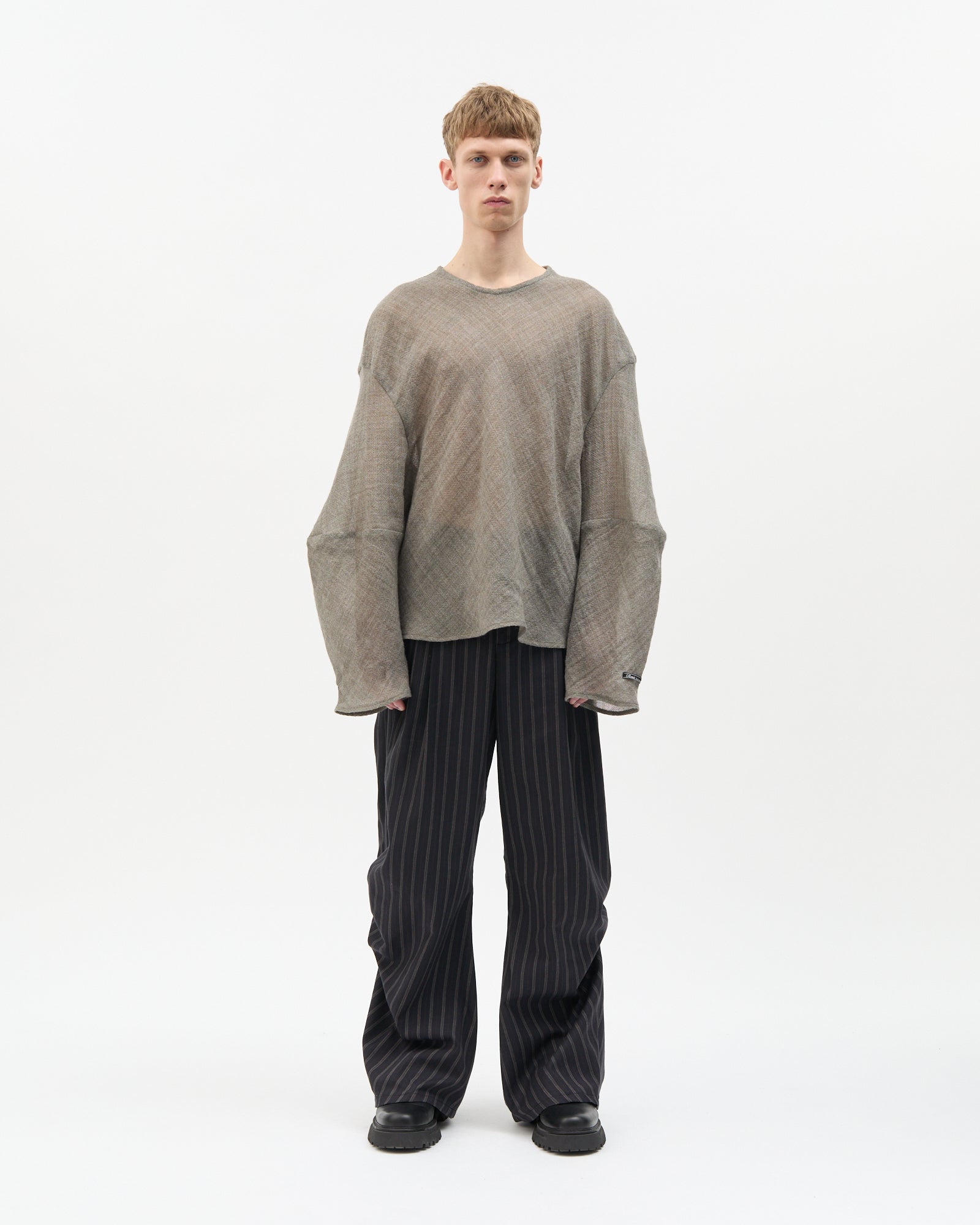 Grey Wool Bias-Cut Long Sleeve Top