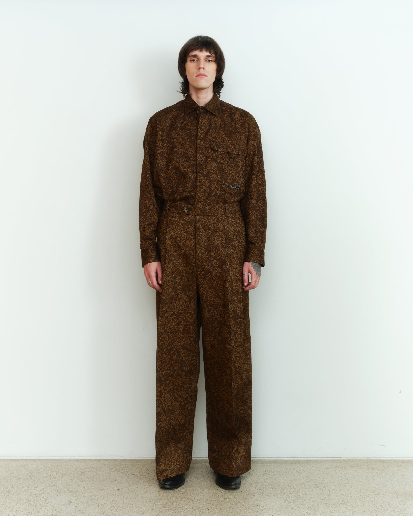 BROWN COTTON JACQUARD TAILORED TROUSERS