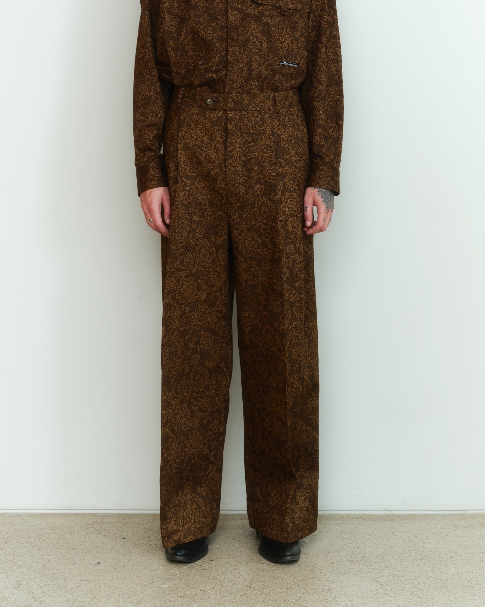 BROWN COTTON JACQUARD TAILORED TROUSERS