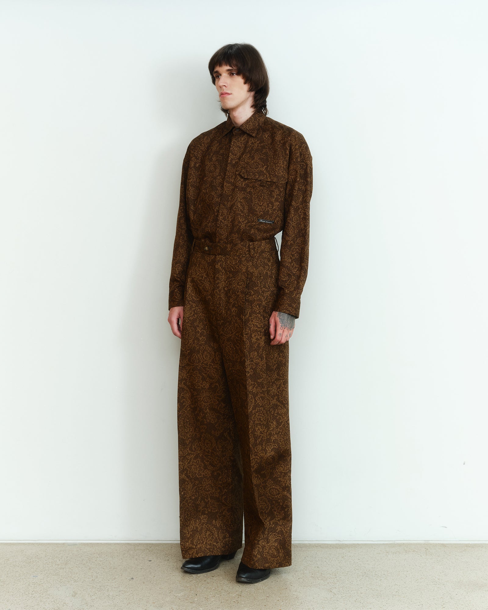 BROWN COTTON JACQUARD TAILORED TROUSERS