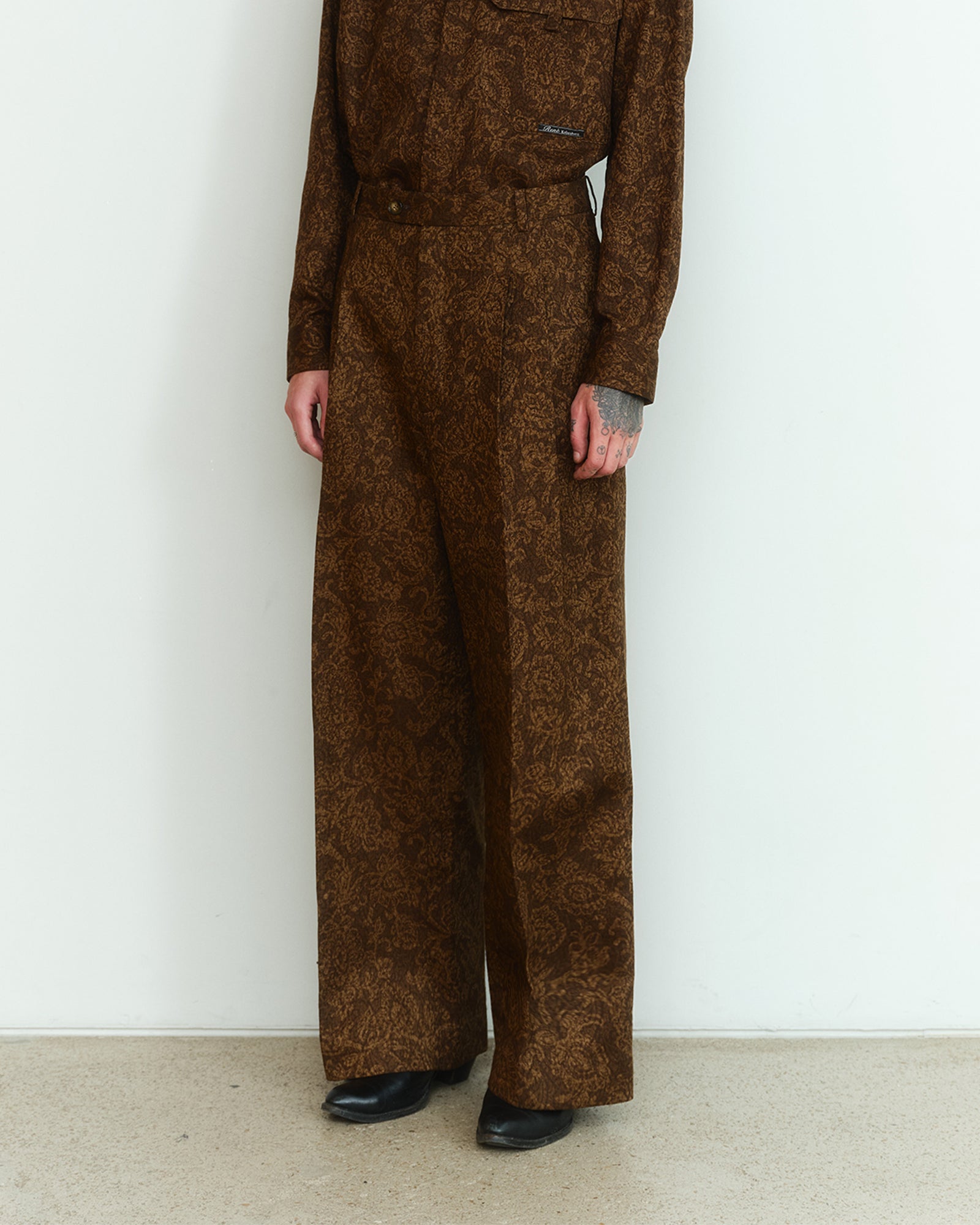 BROWN COTTON JACQUARD TAILORED TROUSERS