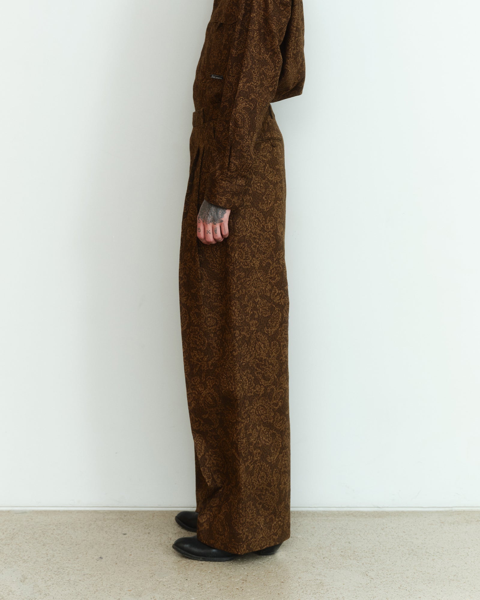 BROWN COTTON JACQUARD TAILORED TROUSERS
