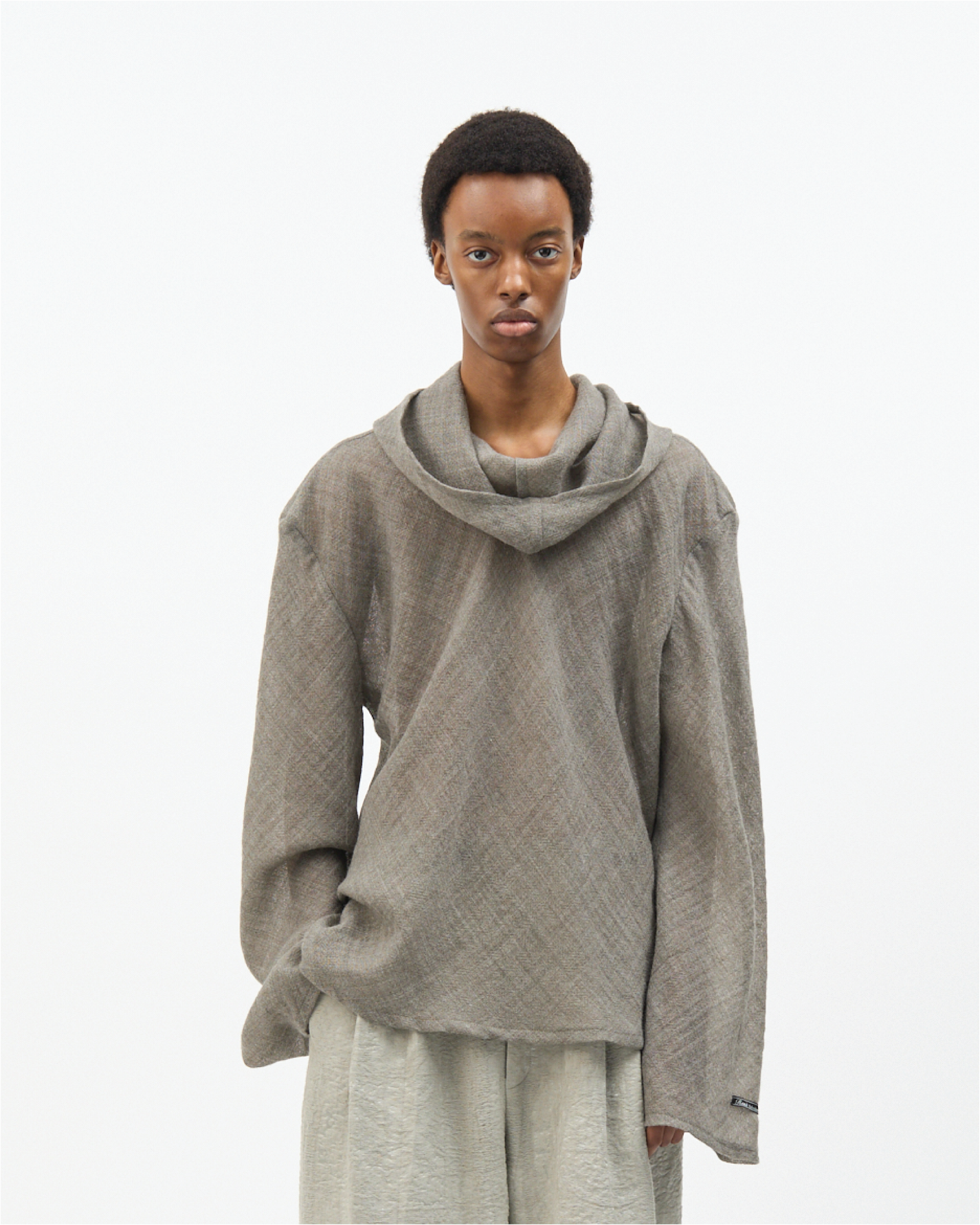 Grey Wool Bias-Cut Cowl Hoodie