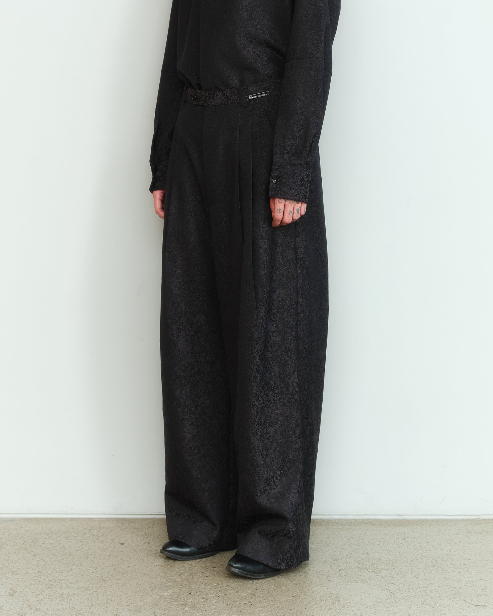 BLACK WOOL JACQUARD TAILORED TROUSERS