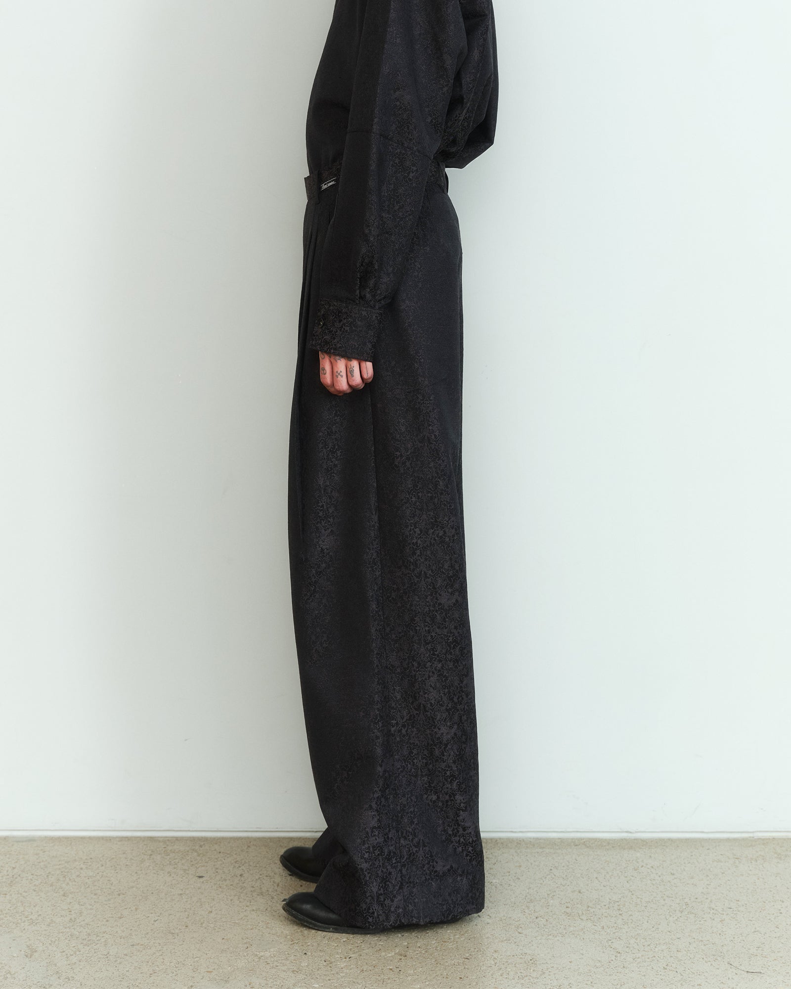BLACK WOOL JACQUARD TAILORED TROUSERS